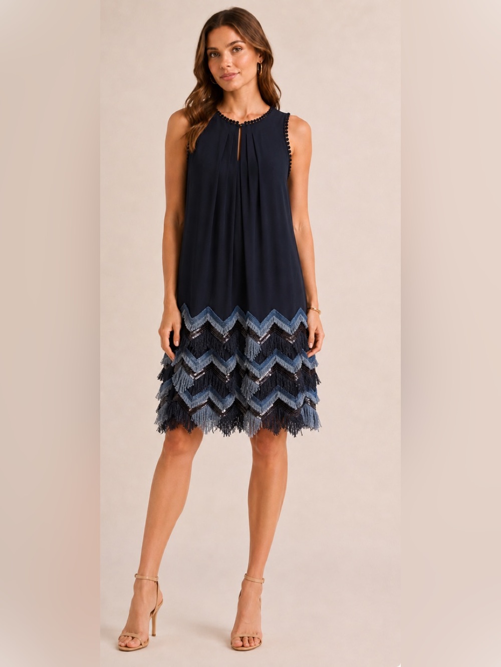 Maeve Anthropologie Navy Fringe Sequin Swing Dress Size 6